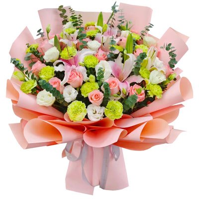 芜湖16朵粉玫瑰百合康乃馨，宁静和温柔